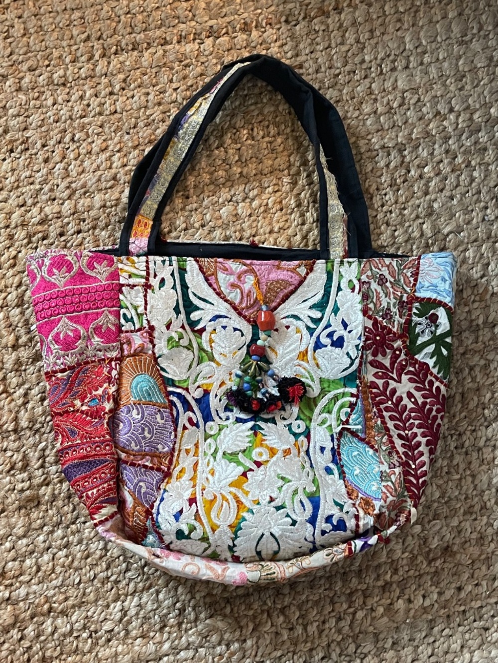 Unique Indian Embroidered Patchwork Tote Bag | Beaded Tassels | Multicolor | Boh